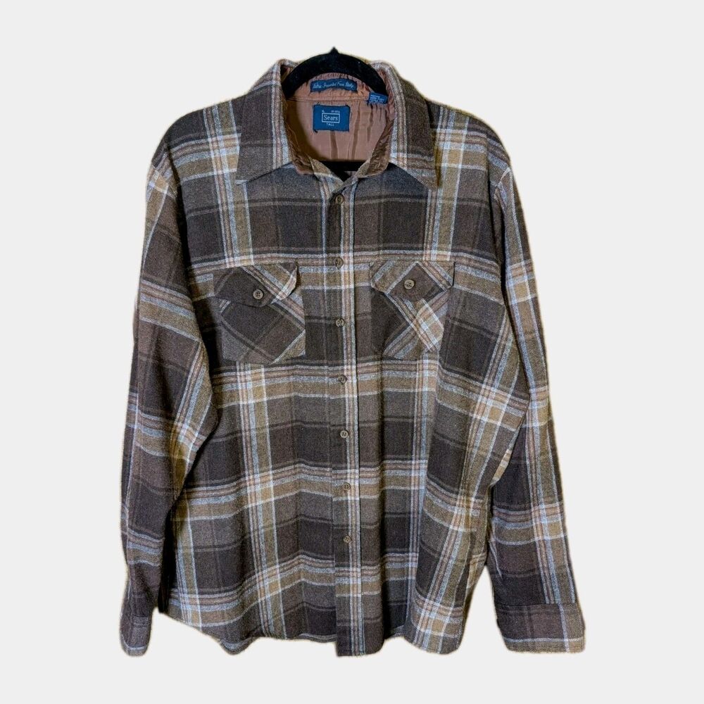 Sears Plaid Flannel Shirt Men's XL Tall 17-17.5 Brown Vintage 70s-80s Linen Wool